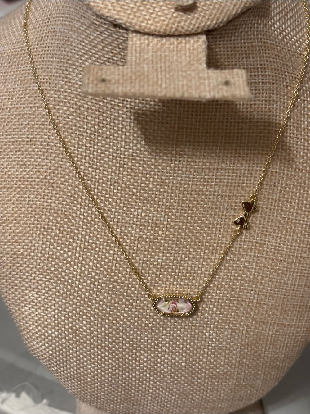 Kendra Scott Gold Necklace with Pink Floral Oval Pendant
